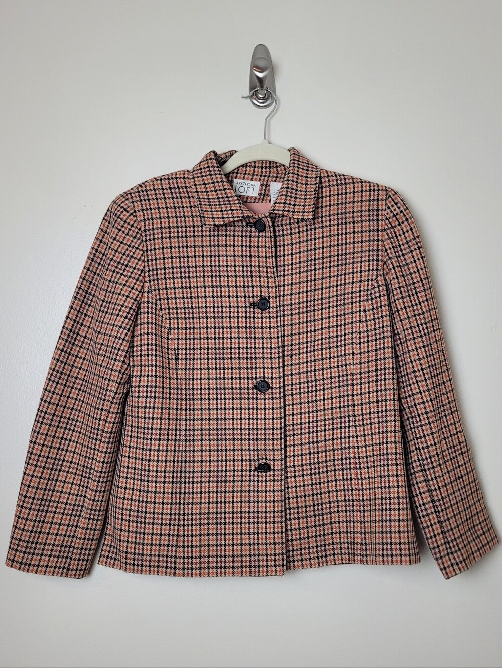 Anne Taylor Loft 100% Wool Orange Plaid Blazer Vintage 90s